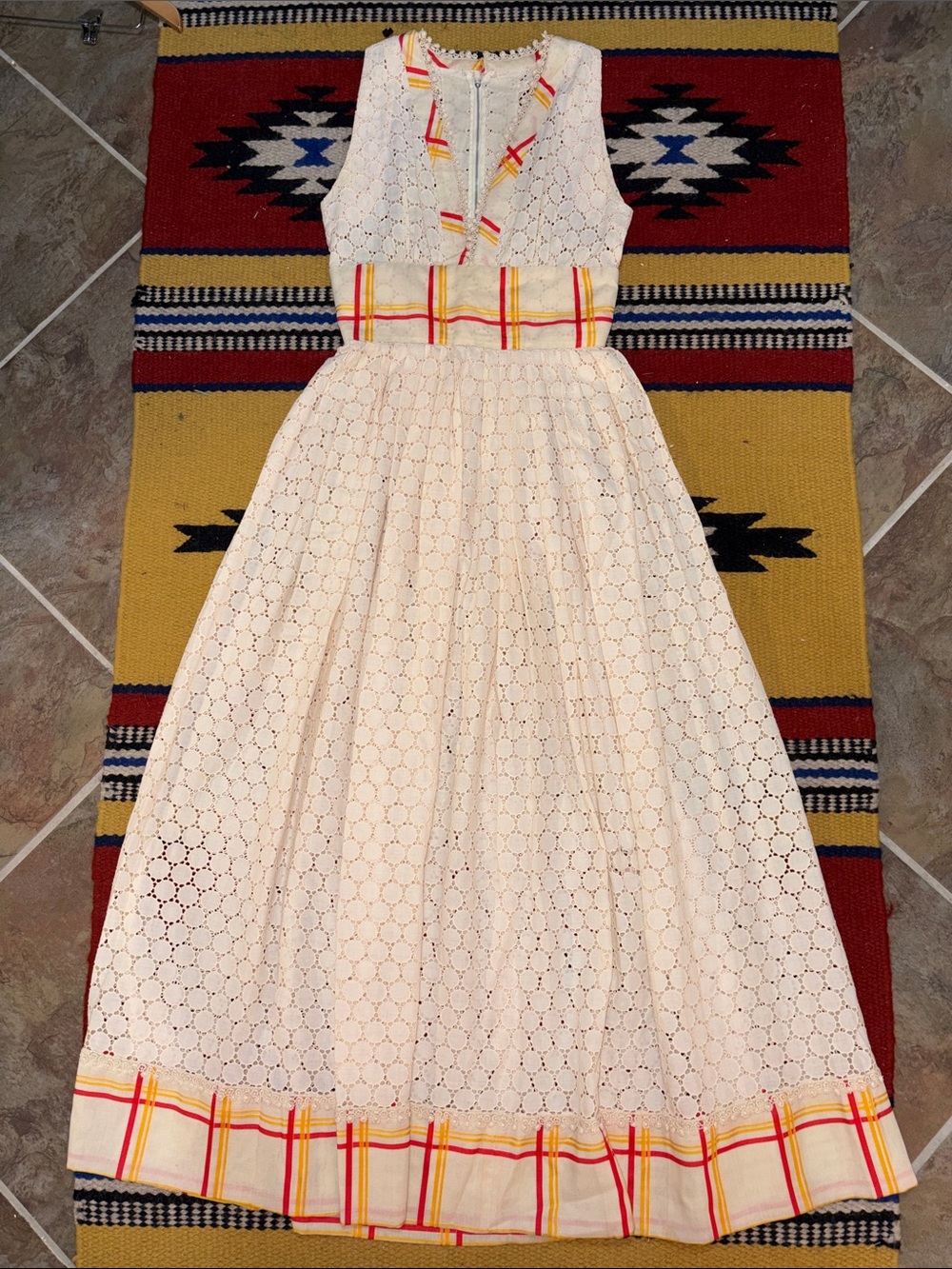 VINTAGE OOAK Cream Lace Maxi Dress with Yellow & Red Plaid Trim - Picture 5 of 11